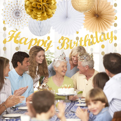 White Champagne Gold Birthday Party-Decorations - 21pcs Happy Birthday Banner,Paper Lanterns,Tissue