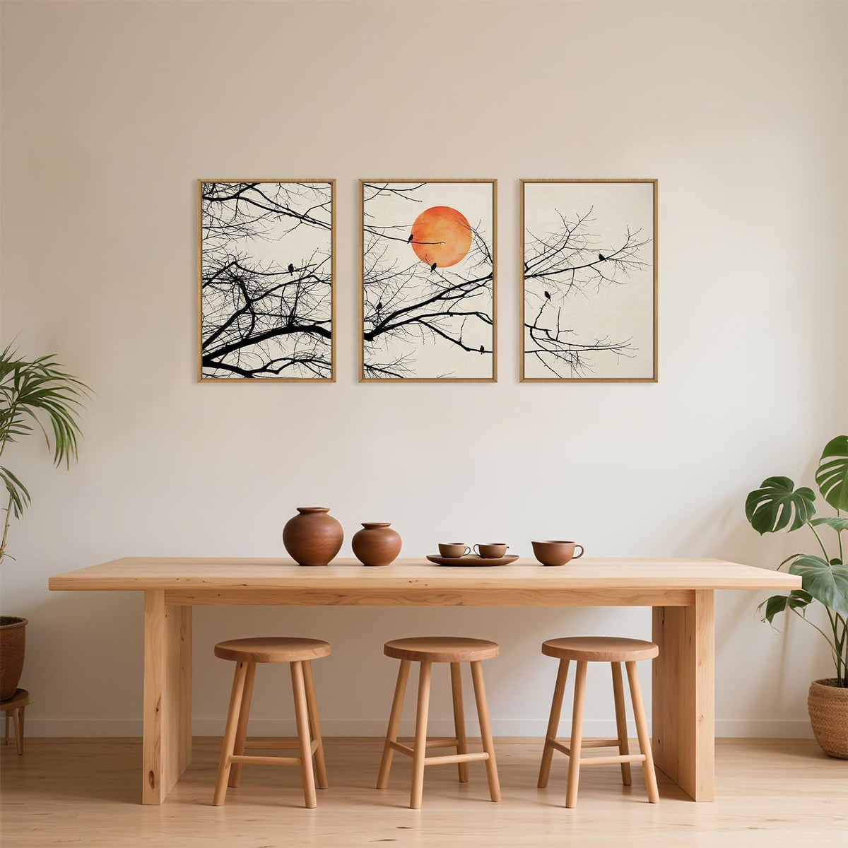 Celestdeco Large Vintage Tree Branch Framed Canvas Wall Art Set, Retro Tree Drawing Wall Decor