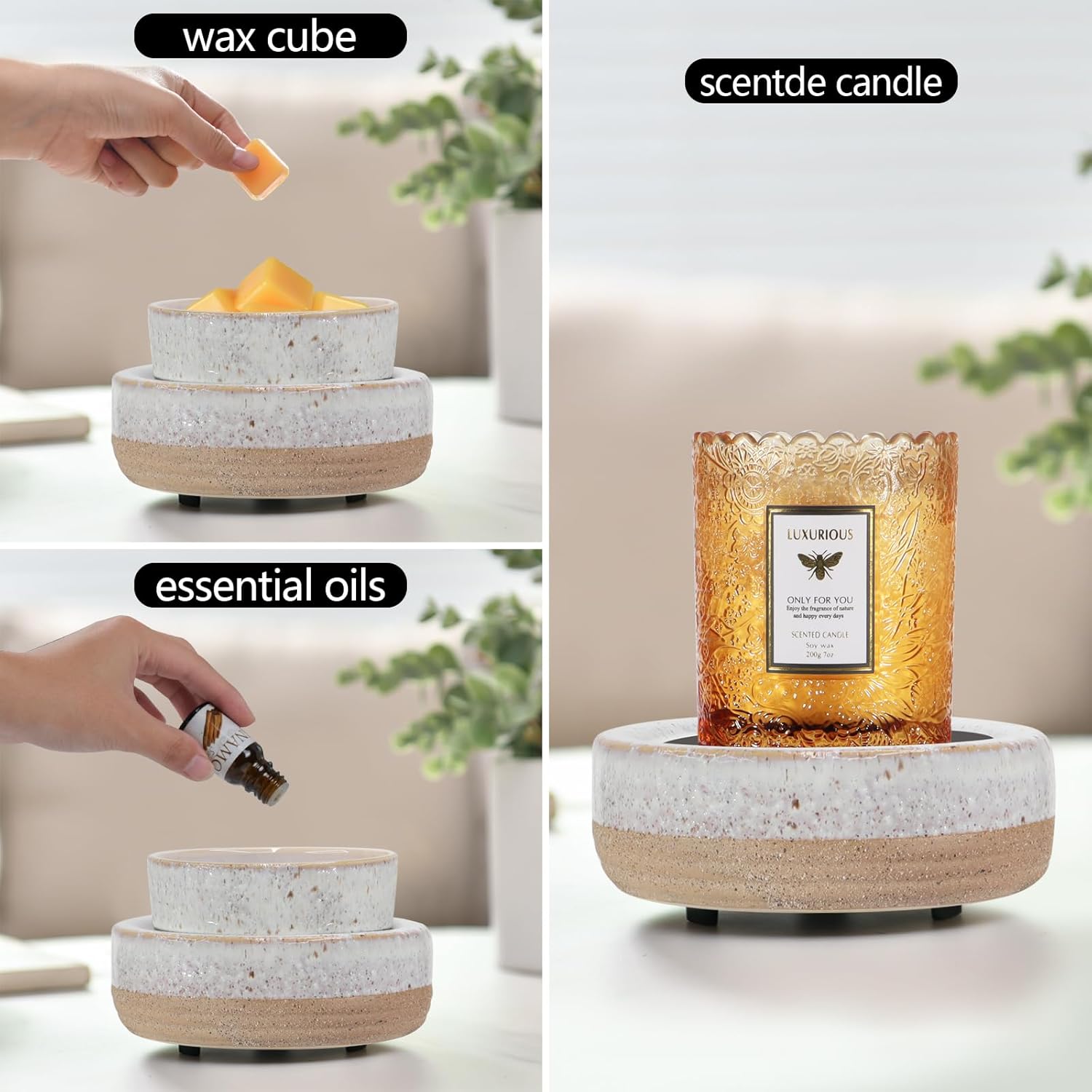 Wax Melt Warmer, Ceramic Candle Melter Melting Wax 3-in-1 Oil Burner Electric Fits Yankee Large