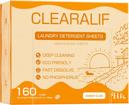 Laundry Detergent Sheets Up to 160 Loads, Amber Dusk - Great For Travel,Apartments, Dorms,CLEARALIF