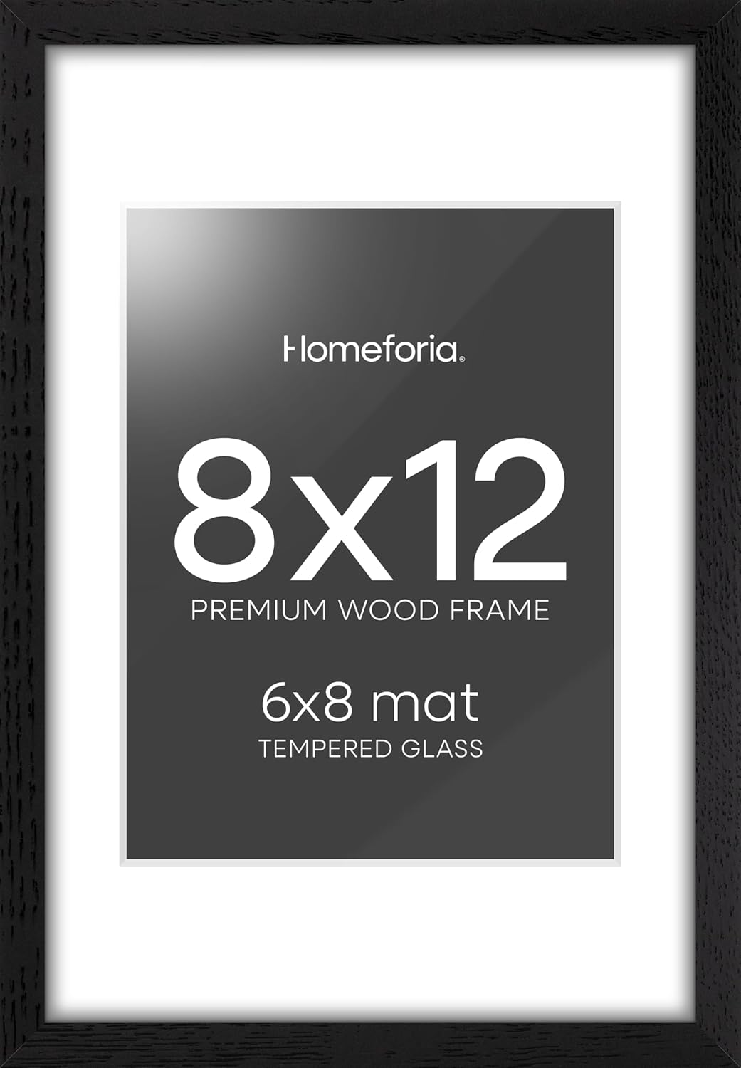 Homeforia 8x12 Black Picture Frame, High End Oak 8 x 12 Wood Frames with Mat 6 by 8 Print, 8by12