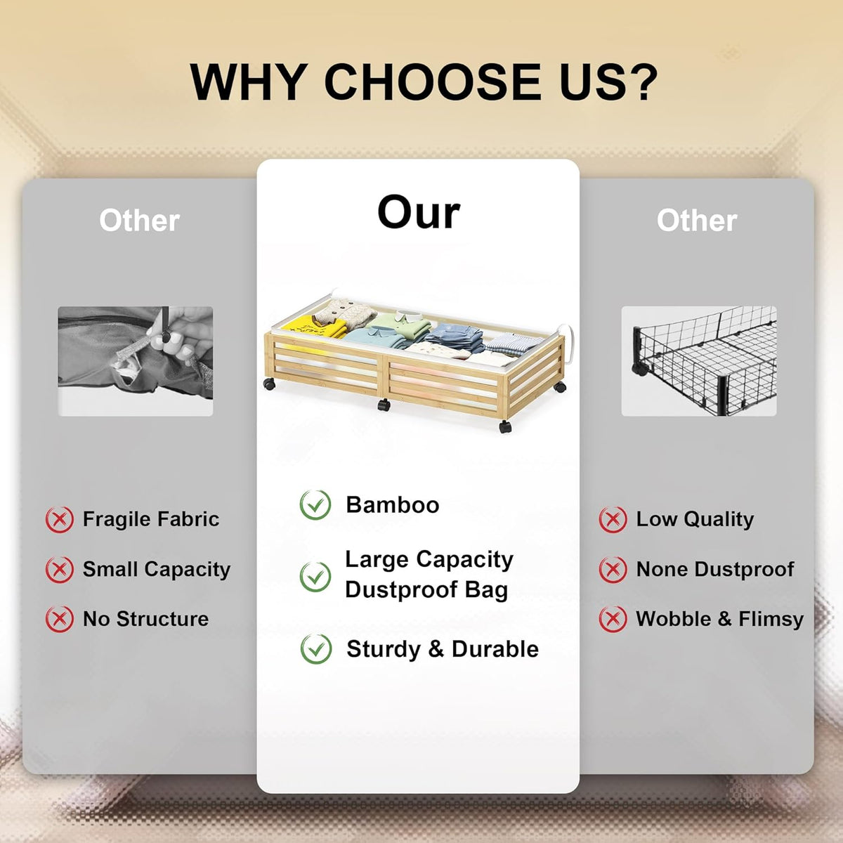 Under Bed Storage with Wheels-Large Bamboo Underbed storage Containers with Large Dust Bag