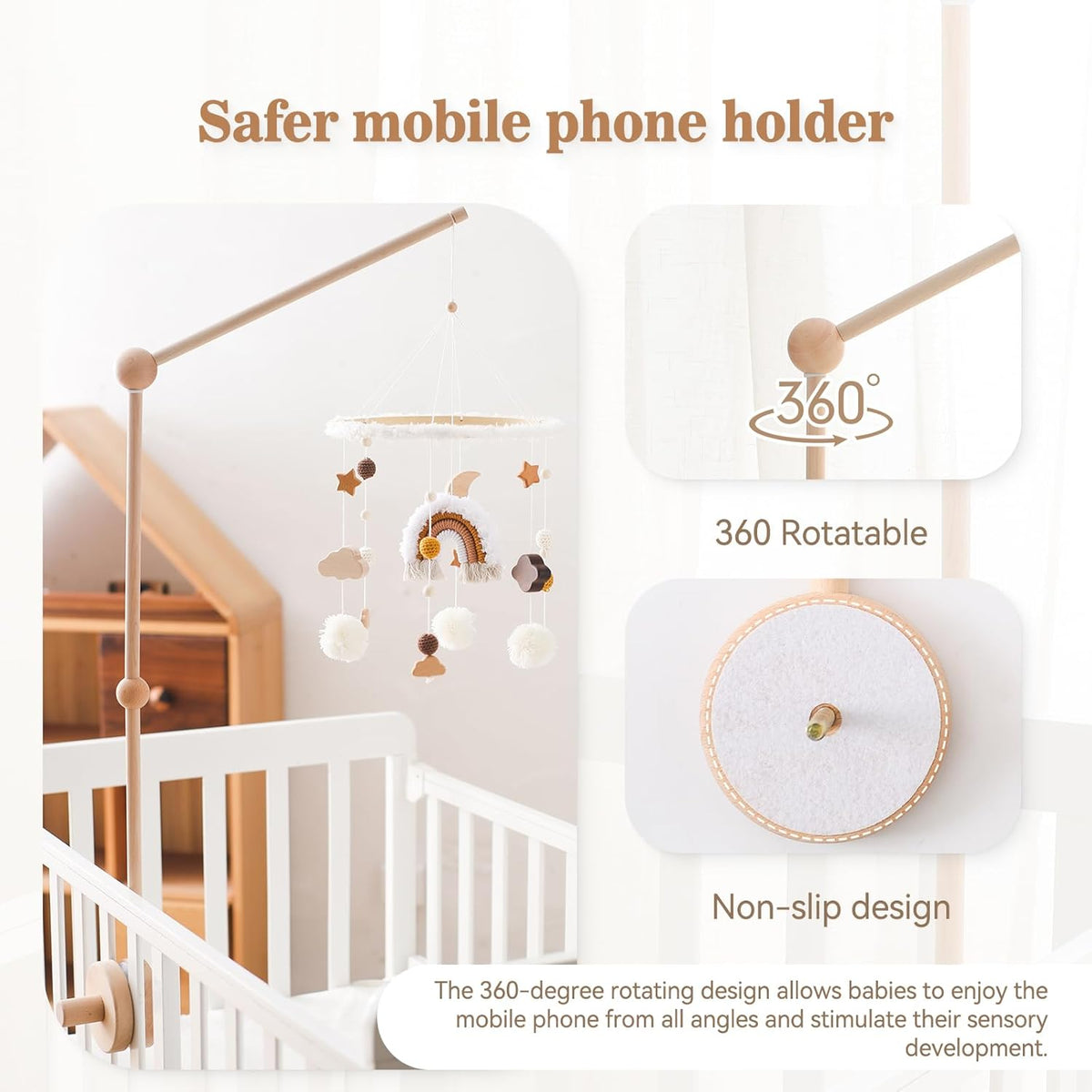 Baby Crib Mobile Arm,HBM Wooden Mobile Arm for Crib Mobile Hanger for Crib Baby Girl Nursery Decor