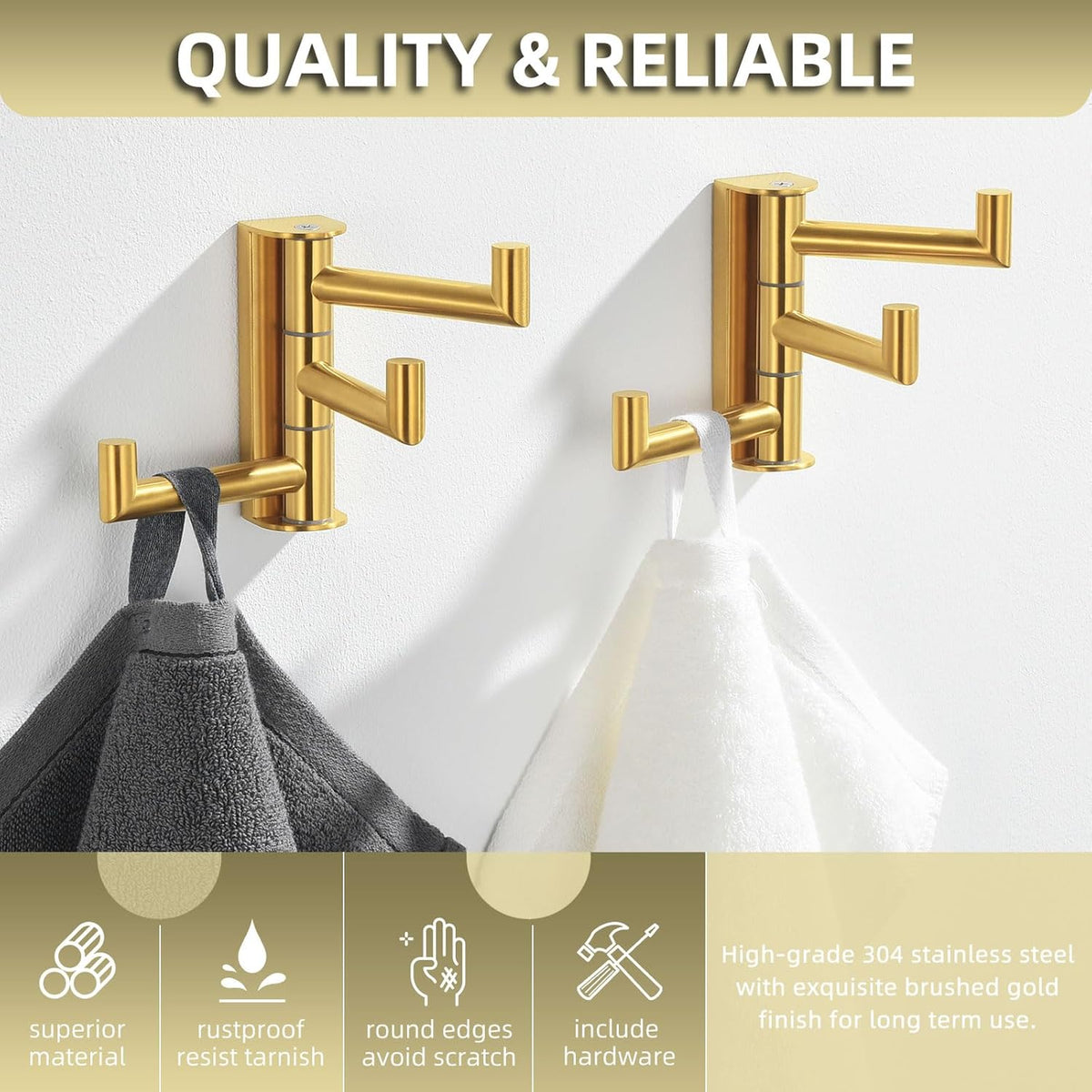Angle Simple Towel Hooks Swivel, SUS 304 Stainless Steel 3 Arms Foldable Hand Towel Holder, Coat