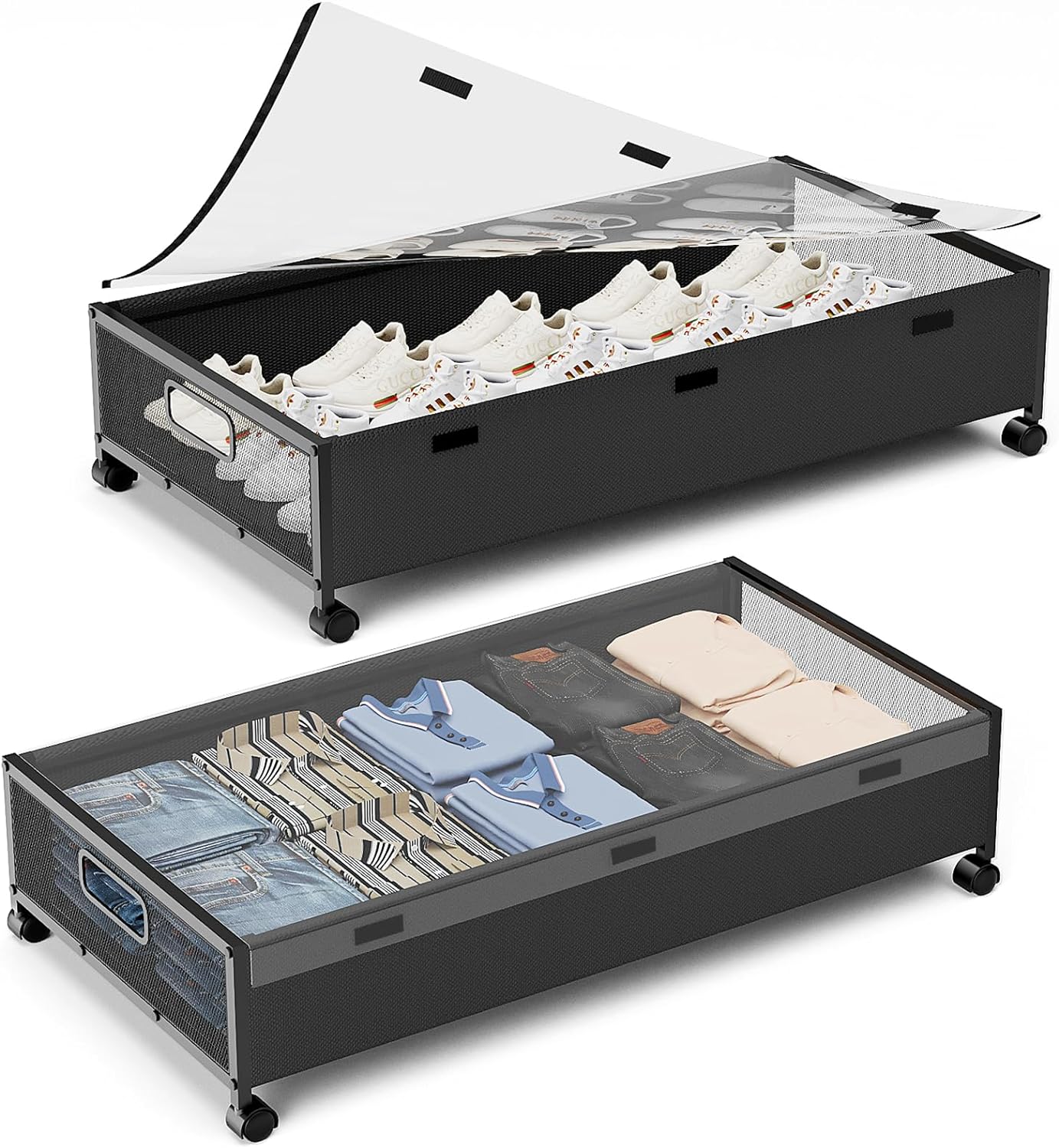 Under Bed Storage Containers with Wheels, 2 Pack Underbed Shoe Storage Organizer with Removable