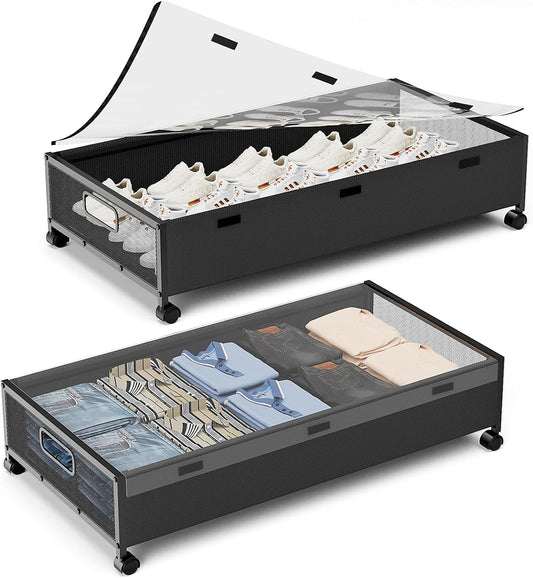 Under Bed Storage Containers with Wheels, 2 Pack Underbed Shoe Storage Organizer with Removable