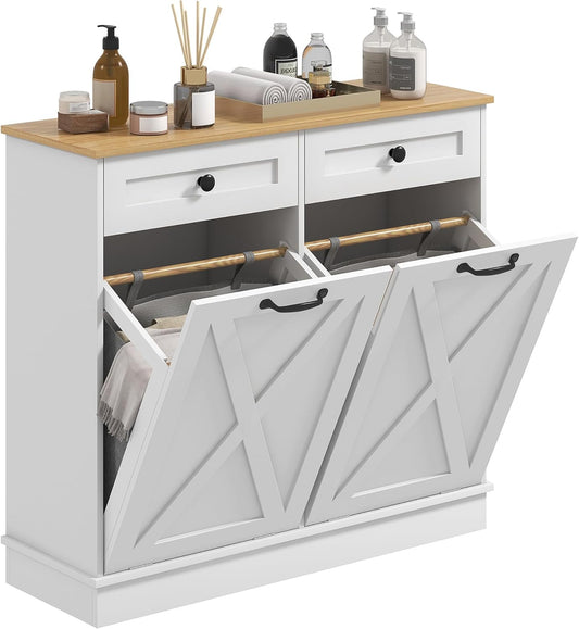 HOMCOM Tilt Out Laundry Hamper Cabinet with 2 Removable Baskets, Freestanding Bathroom Storage
