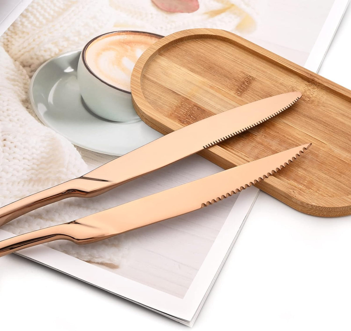 24-Piece Copper Flatware, Mirror 18/10 Stainless Steel Modern & Luxury Dinnerware Set With Serrated