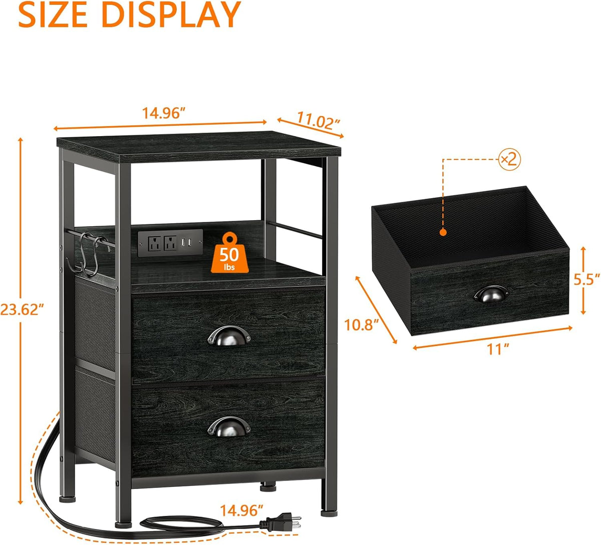 Furologee Nightstand with Charging Station, Black Night Stand with 2 Fabric Drawers, Side Table