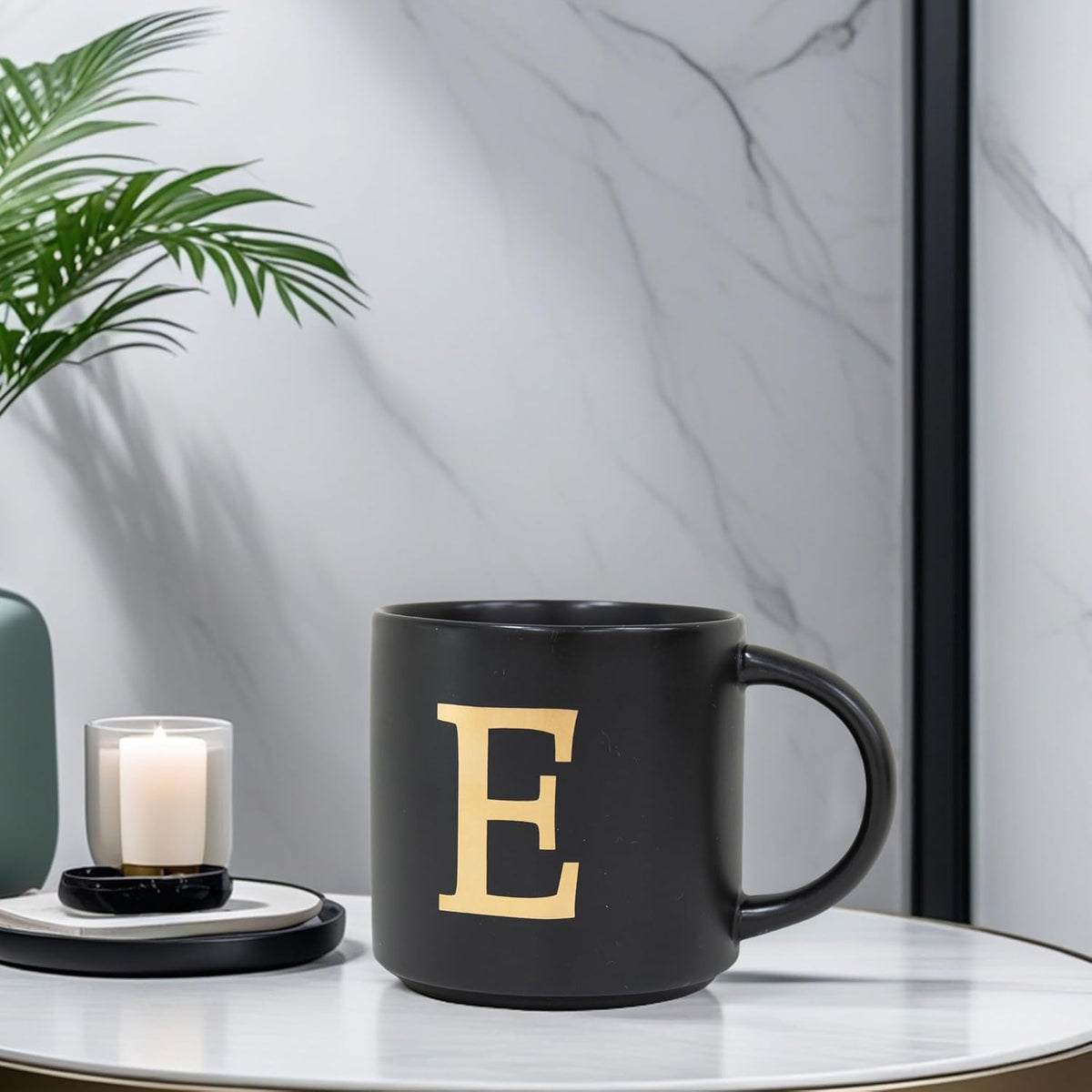 COLLECTIVE HOME - Monogram Ceramic Mugs, 15 oz Golden Initial Black Coffee Cups, Elegant Alphabet