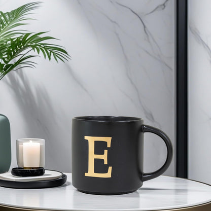 COLLECTIVE HOME - Monogram Ceramic Mugs, 15 oz Golden Initial Black Coffee Cups, Elegant Alphabet