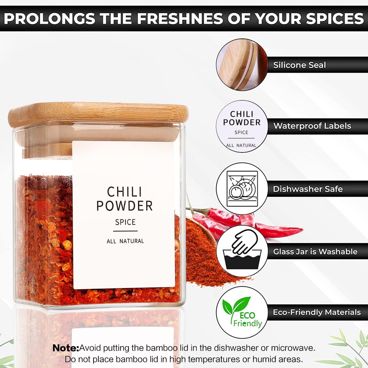 12 Pcs Square Glass Spice Jars with Natural Bamboo Lids - 9oz Airtight Herb Containers with 148
