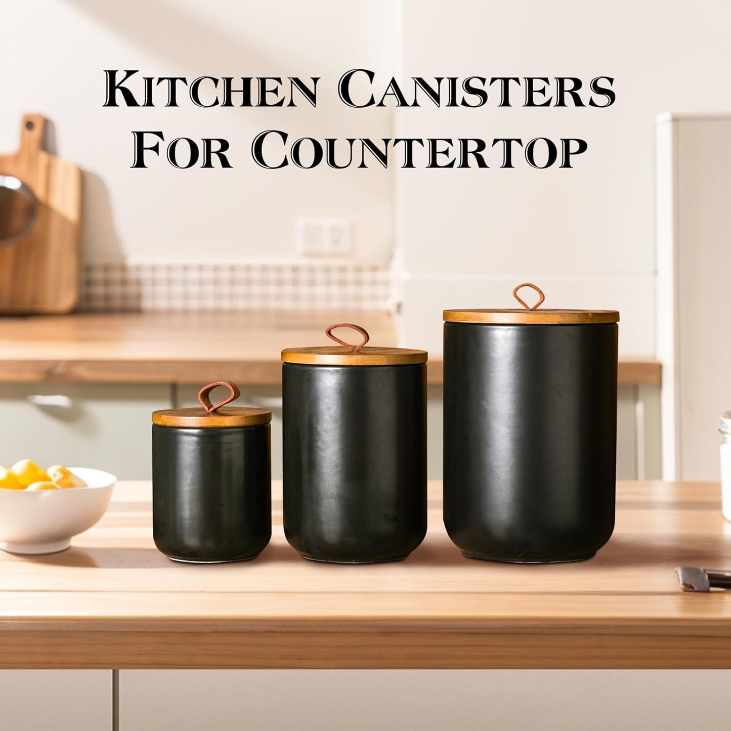 JOJUNO Black Ceramic Canister Set with Wooden Lid, 3-Piece Airtight Food Storage Jars for Kitchen