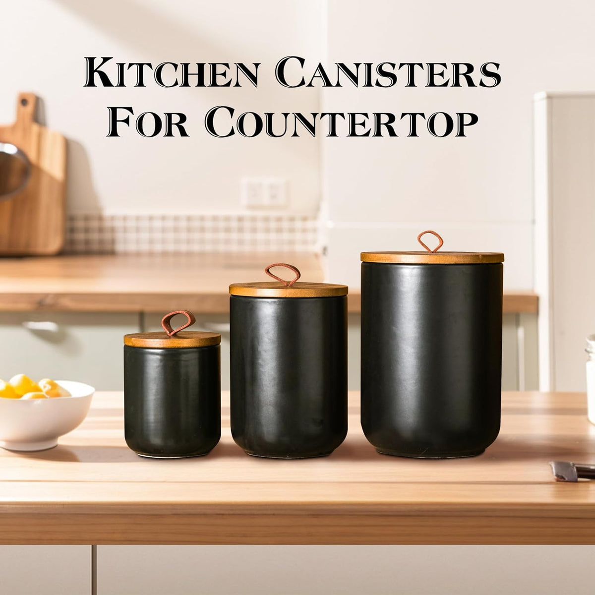 JOJUNO Black Ceramic Canister Set with Wooden Lid, 3-Piece Airtight Food Storage Jars for Kitchen