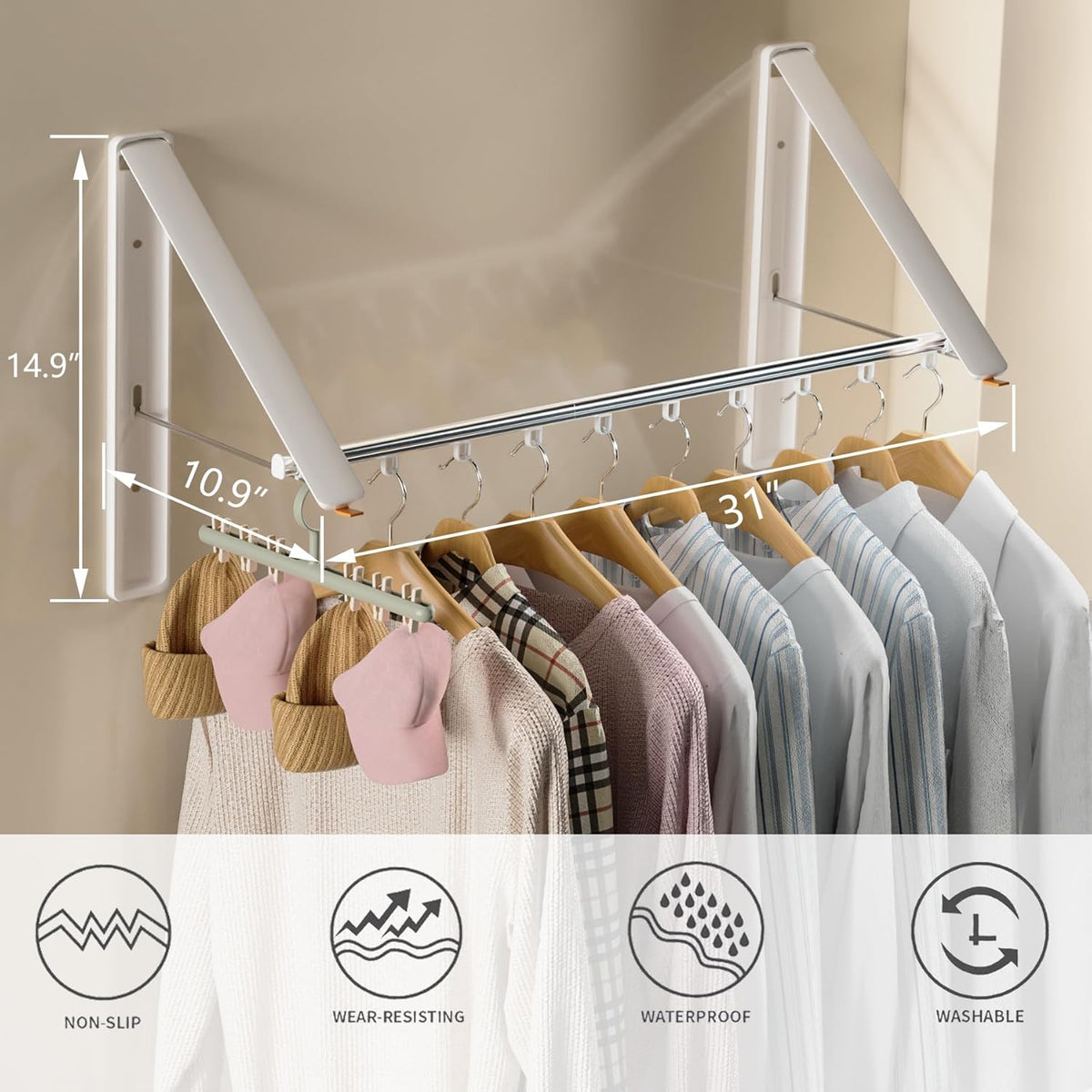 Dr.DJ Clothes Drying Rack with Rod, Wall-Mounted Retractable & Foldable Clothes Hanger for Laundry
