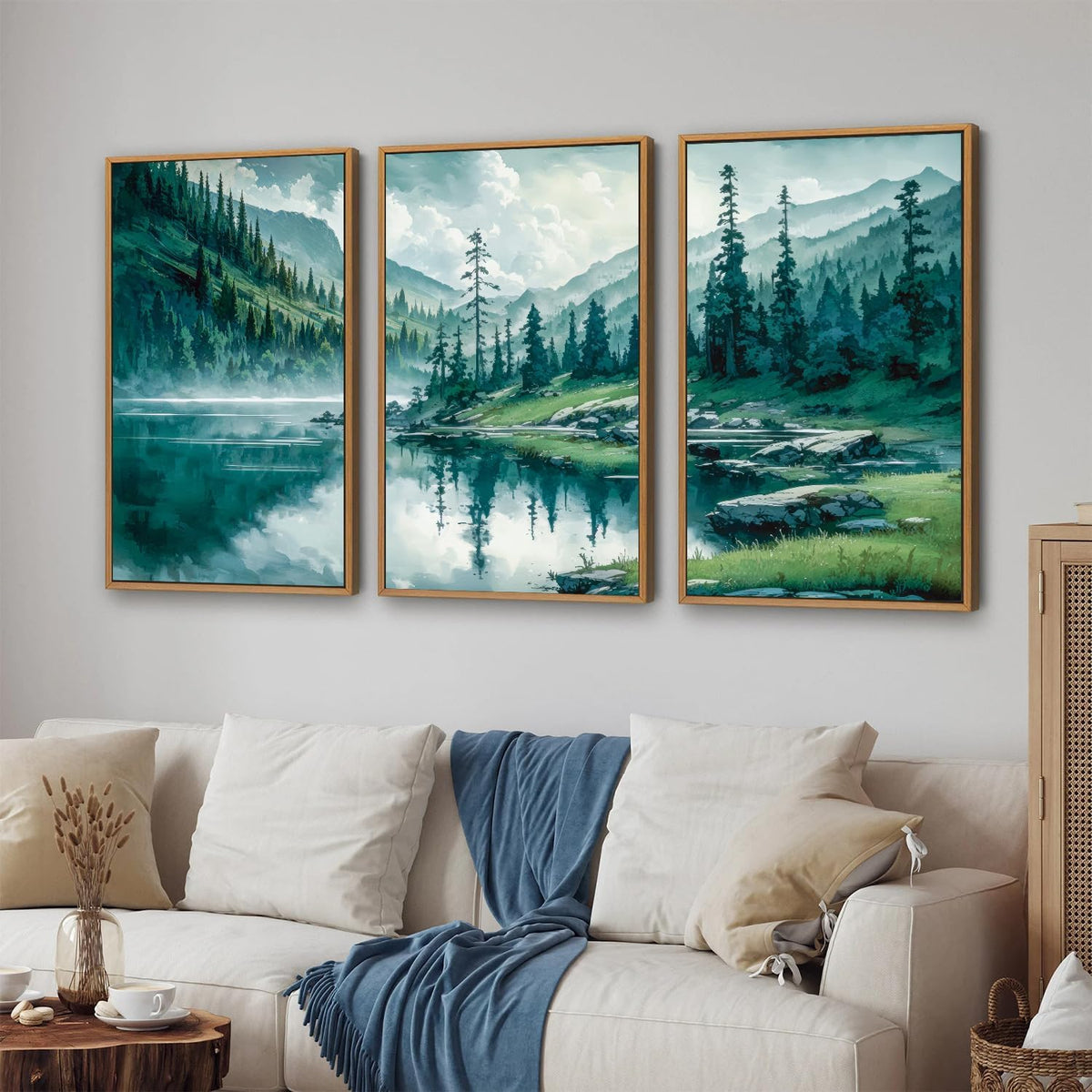 Tinonedraw Large Nature Forest Framed Canvas Wall Art Set, Boho Mountains Calming Lake Wall Decor