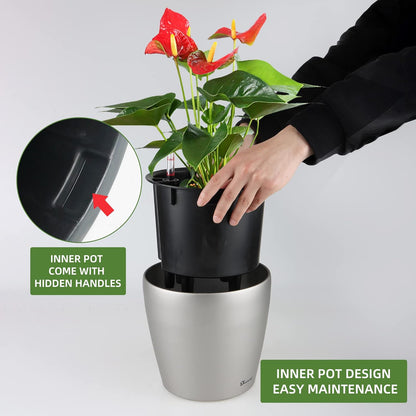 Dexceder 9x8 Inches Self Watering Planter Metallic Matte Indoor Outdoor, Inner Pot Design