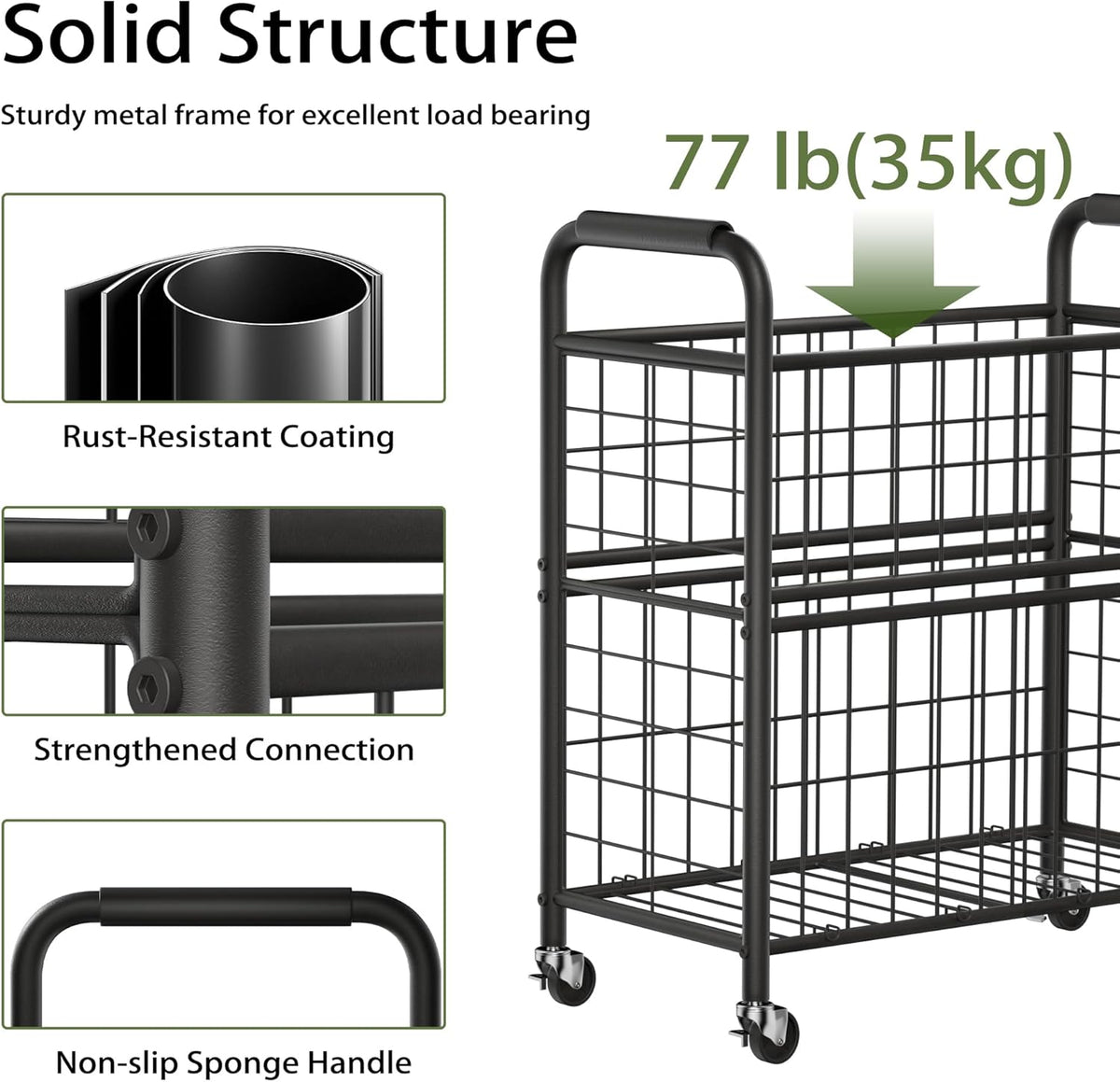 Laundry Hamper 3 Section, 145L Rolling Laundry Sorter Basket with Wheels, 3 Compartment Clothes