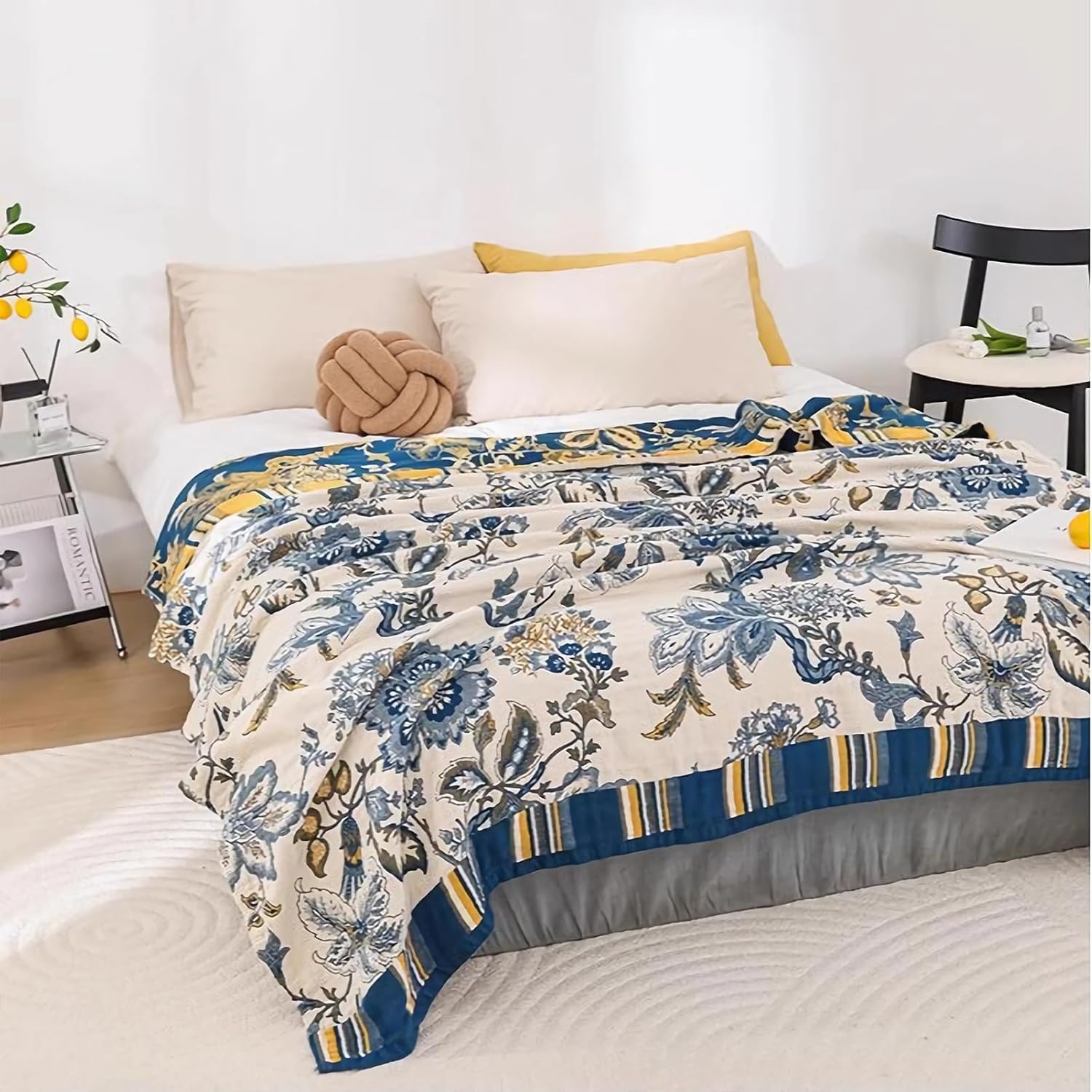 Snycler Boho Throw Blanket for Bed - 100% Cotton Ultra Soft Rustic Quilt - White Blue Floral