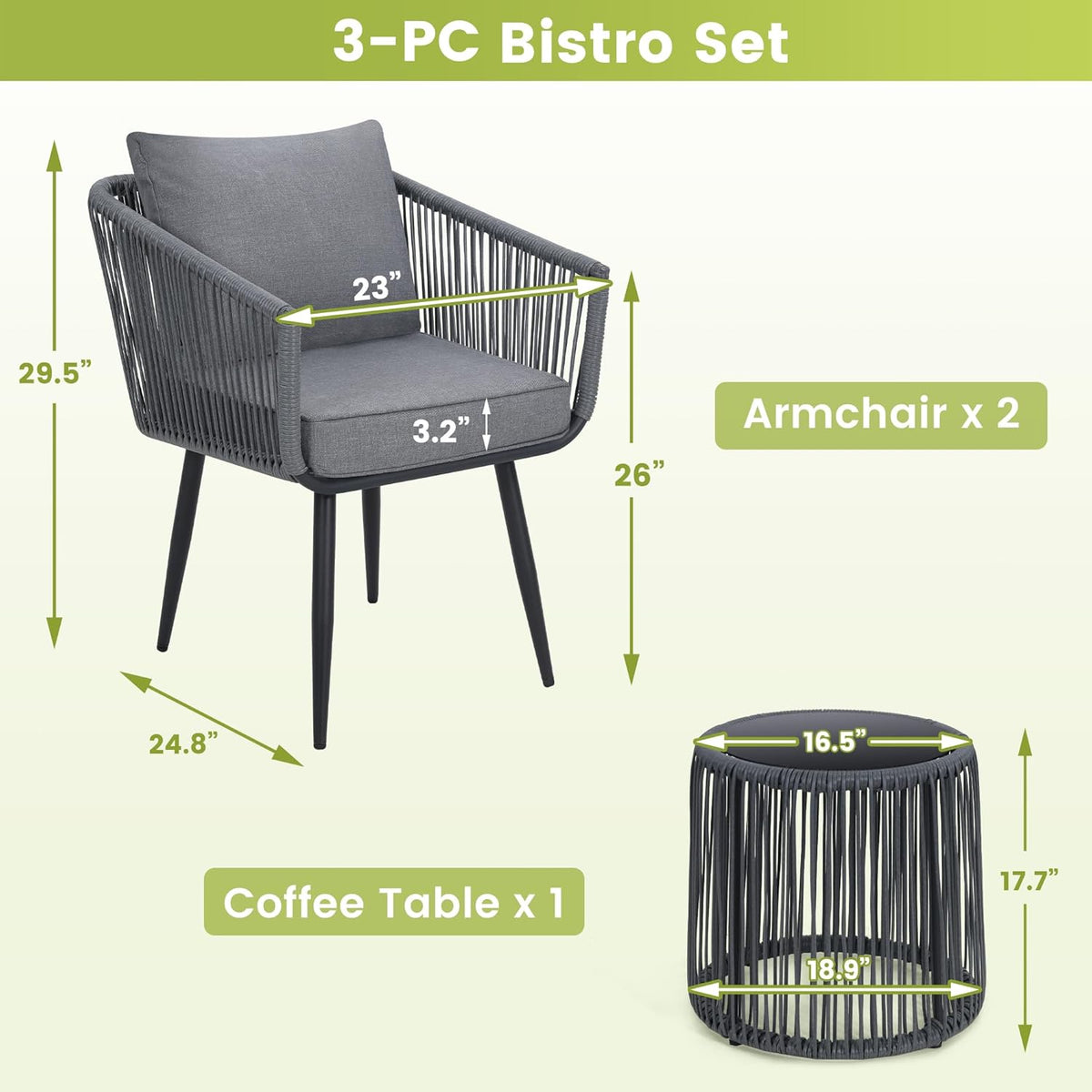 Kromax 3 Pieces Patio Rattan Bistro Conversation Set, Outdoor All-Weather Wicker Furniture Chairs