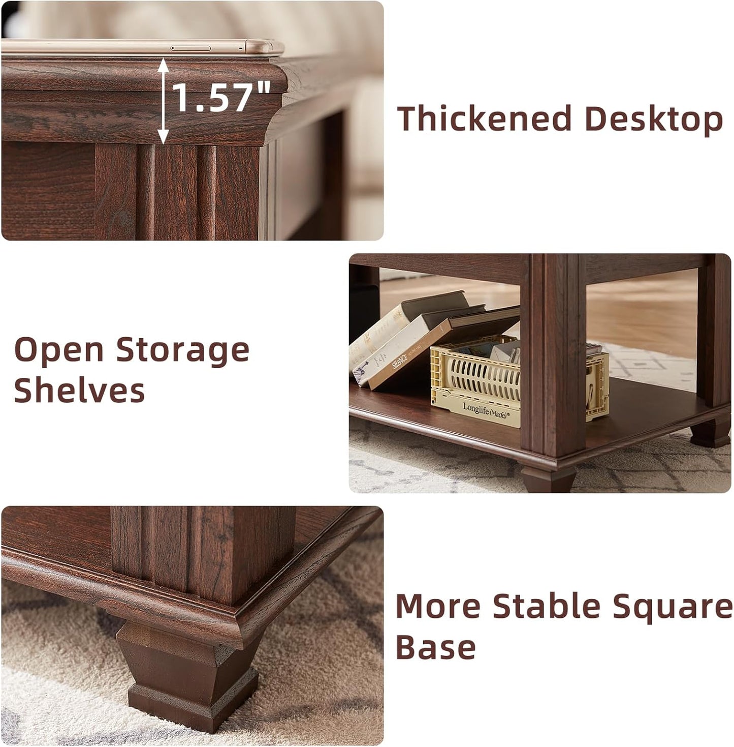 Farmhouse Coffee Tables for Living Room,Square Living Room Tables with Open Storage Shelf,Large