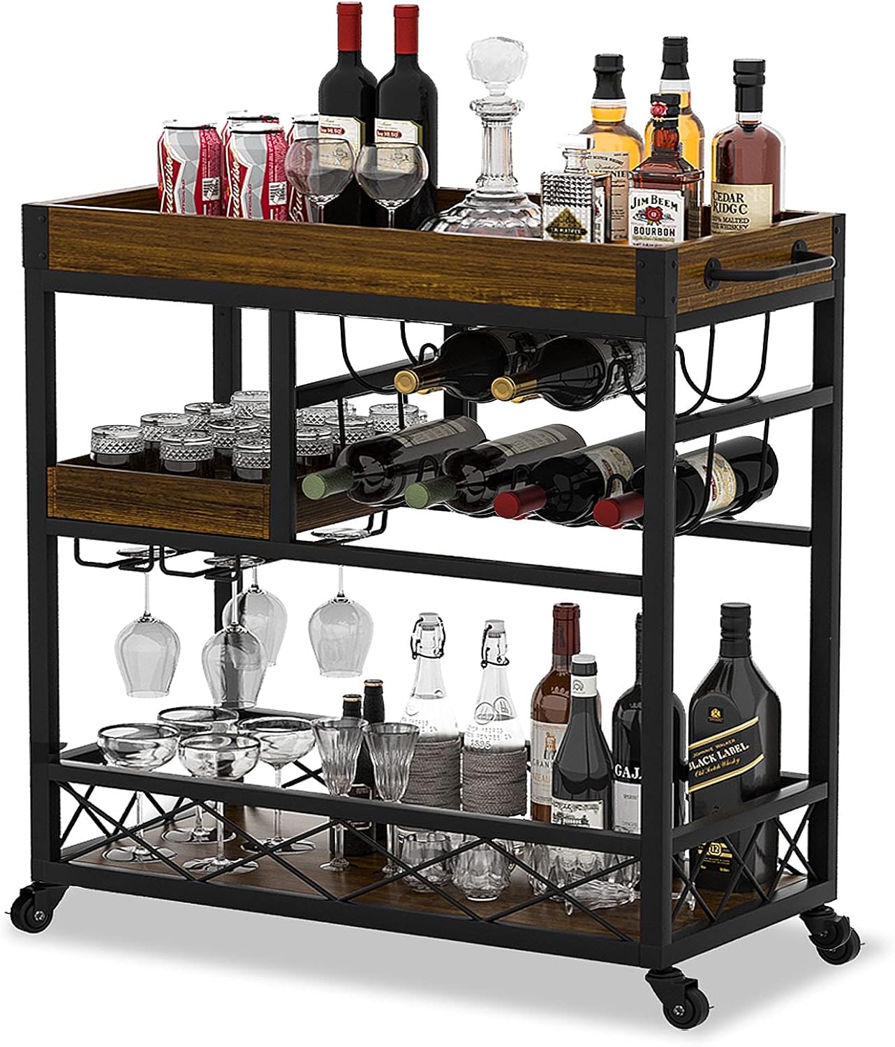 Bar Cart Industrial Kitchen Serving Carts for Home 3 Tier Storage Trolley with Wine Rack Glasses