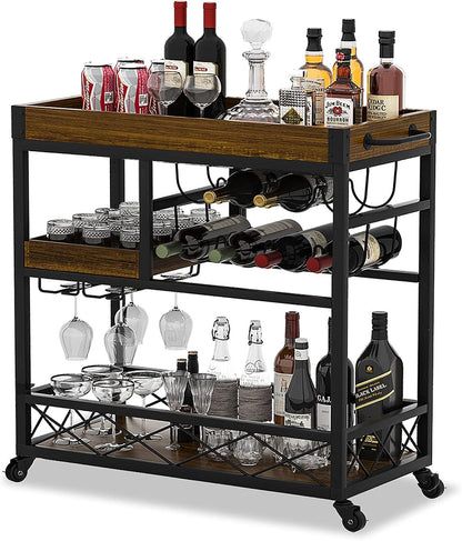 Bar Cart Industrial Kitchen Serving Carts for Home 3 Tier Storage Trolley with Wine Rack Glasses