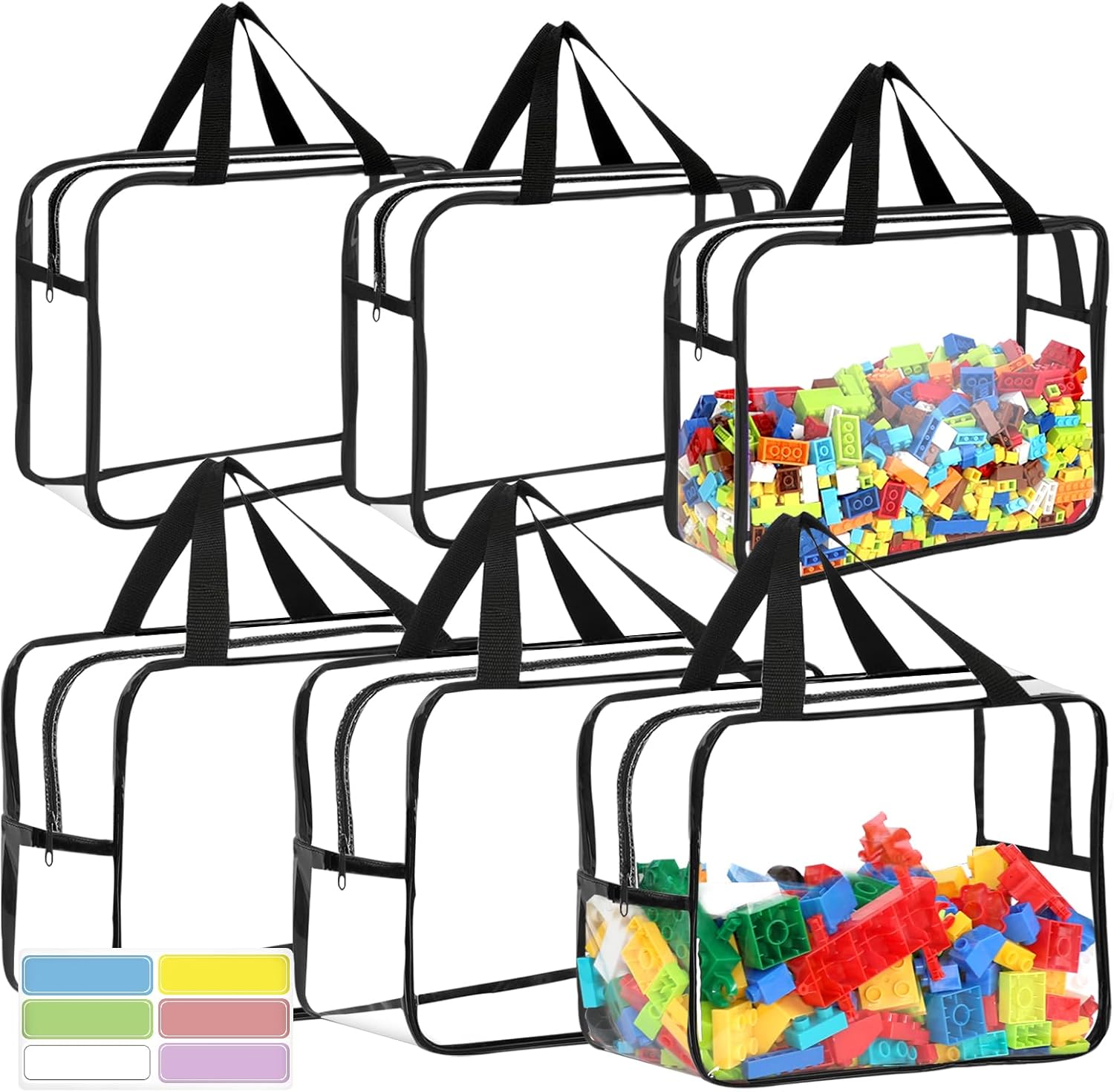 6 Packs Large Toy Storage Bags with Labels, Reusable Clear PVC Board Game Storage, Travel