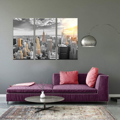 LevvArts Large 3 Piece New York City Canvas Wall Art Modern Black and White NYC at Gold Sunset