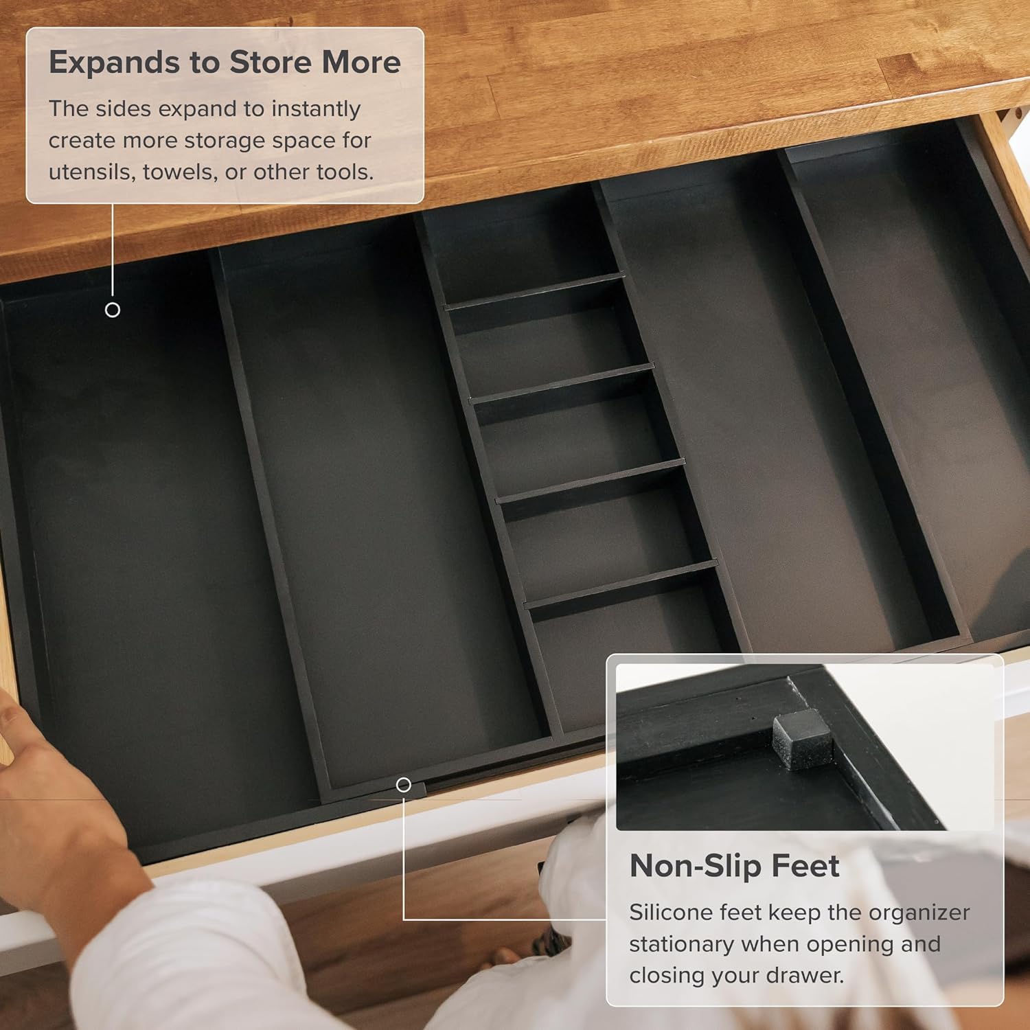 Adjustable Kitchen Drawer Organizer for Utensils and Junk, Food-Safe Contract Grade with 100%