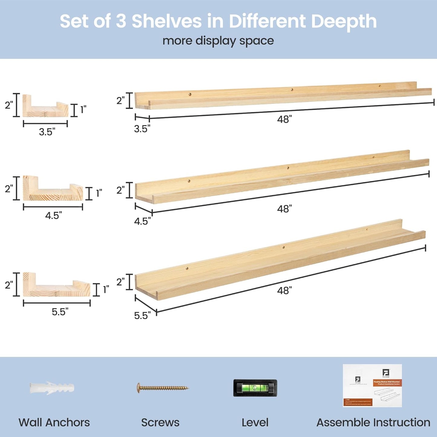 Picture Ledge Shelf for Wall, 48 inches Solid Pine Wood Nursery Book Shelves 3 Packs, Floating