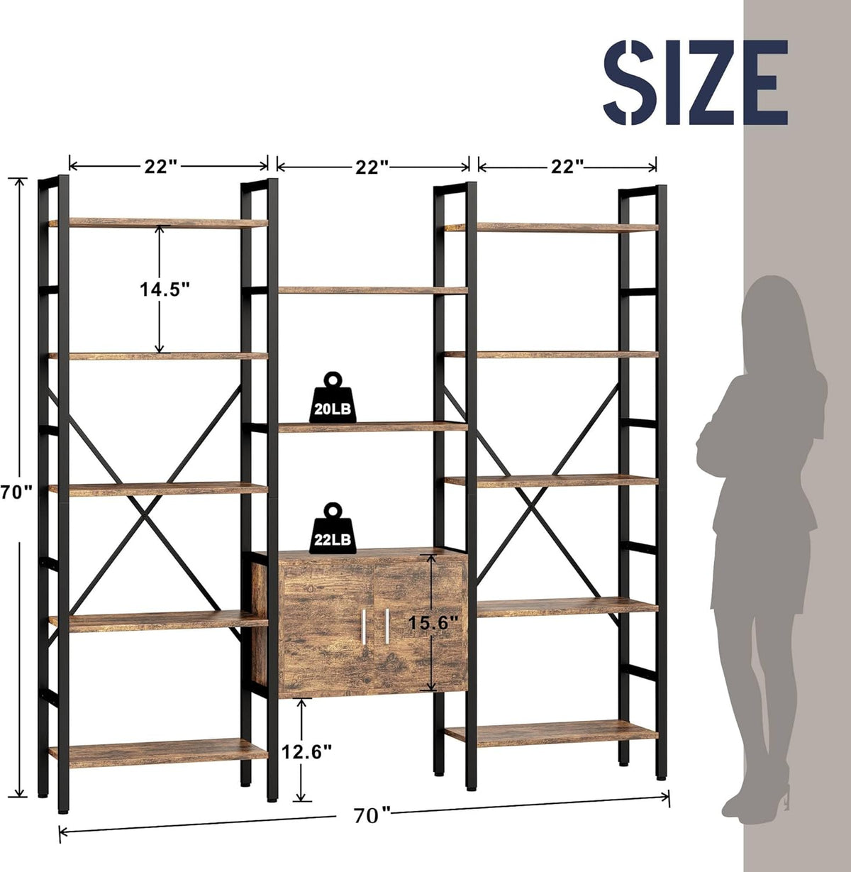 70 x70" Triple 5 Tier Book Shelf, Industrial Large Bookcase with Storage Cabinet, Tall Bookshelf