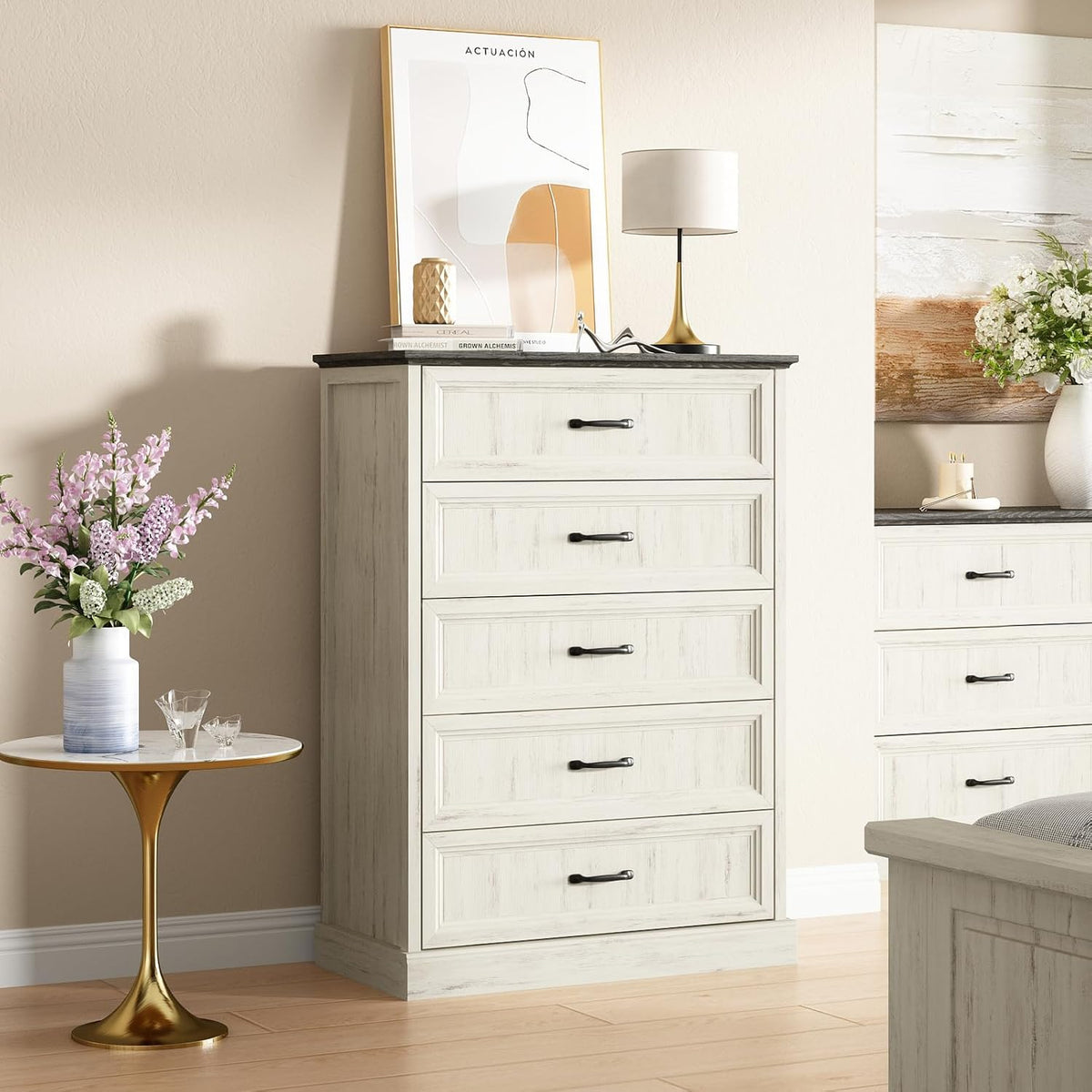 Farmhouse 5 Drawers Dresser for Bedroom, 44" Tall White Dresser Wood Rustic Chest of Drawers with