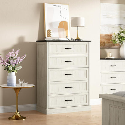 Farmhouse 5 Drawers Dresser for Bedroom, 44" Tall White Dresser Wood Rustic Chest of Drawers with
