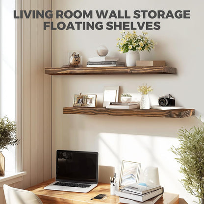 36"x6.8"x1.2" Solid Wood Floating Shelves 2-Pack - Rustic Brown Finish with Hidden Brackets