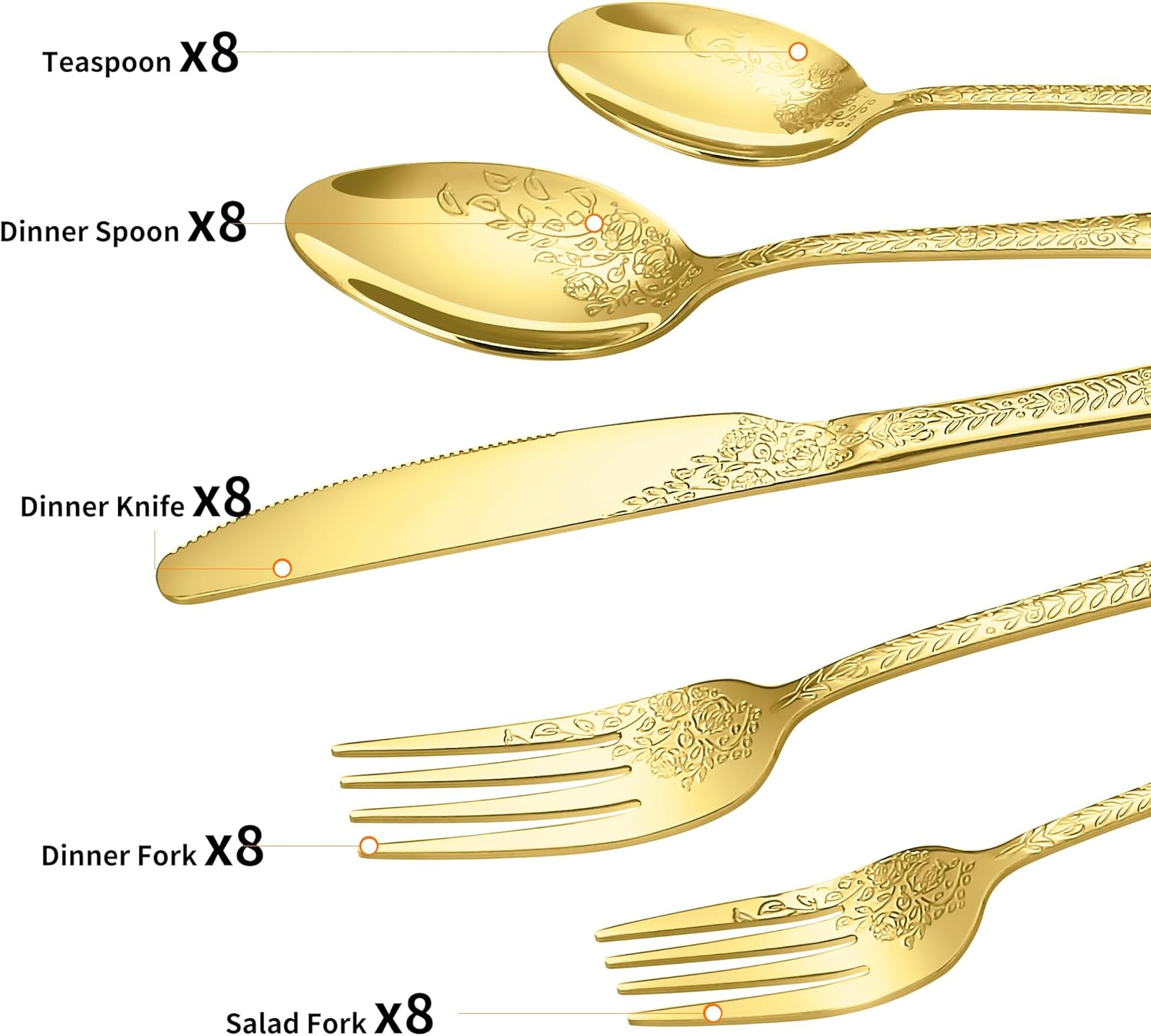Floral 40 Pcs Gold Silverware Set for 8, Food Grade Stainless Steel Flatware Set with Rose Flower