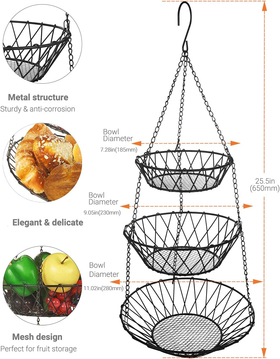 3 Tier Hanging Basket with Sturdy Metal Chain Hanging Hooks Fruit and Vegetable Basket Heavy Duty