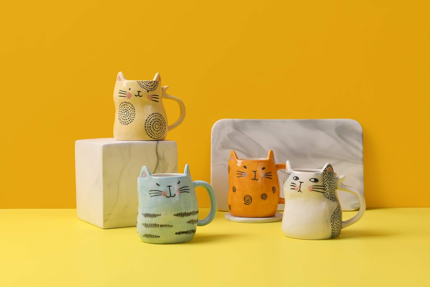 Bico Cartoon Cat Coffee Mugs Set of 4, Cute Ceramic Mugs with Unique Cats Faces, Stoneware Coffee
