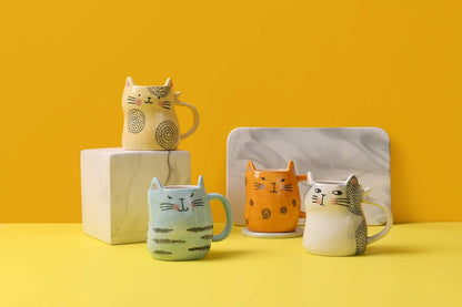 Bico Cartoon Cat Coffee Mugs Set of 4, Cute Ceramic Mugs with Unique Cats Faces, Stoneware Coffee