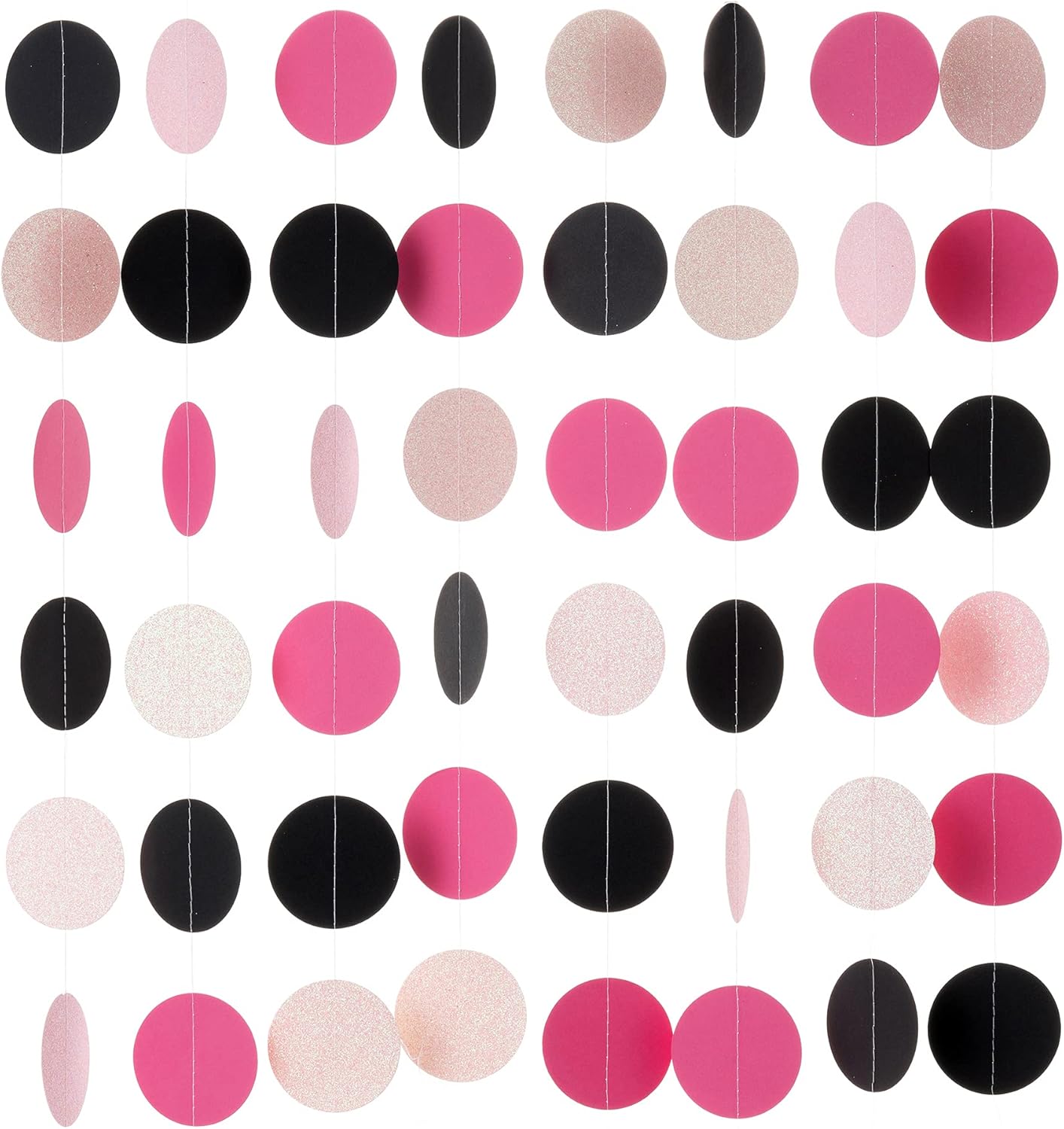 WEVEN Hot Pink Black Iridescent Glitter Paper Garland Circle Dot Streamers Party Banner for
