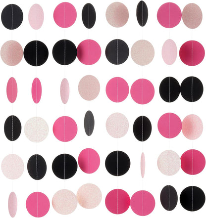 WEVEN Hot Pink Black Iridescent Glitter Paper Garland Circle Dot Streamers Party Banner for