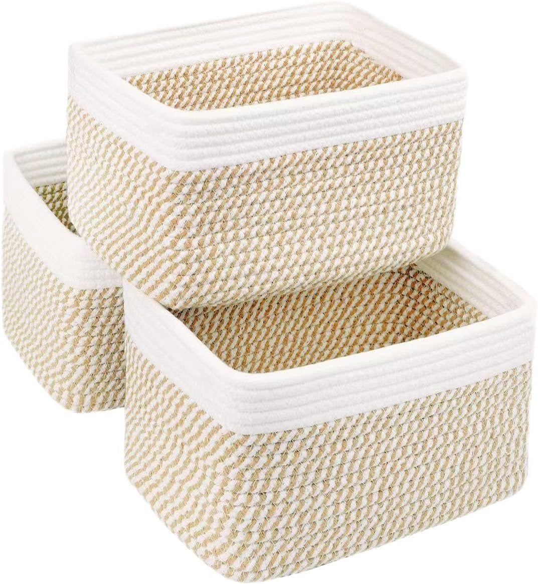 Small Cotton Rope Storage Basket Set of 3-11"x7"x7" Perfect Woven Baskets for Storage, Ideal