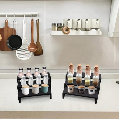 Display Wood Risers Wooden Stand 3 Tier Black Wood Racks Decorative Rectangular, 2 Set 6 Piece