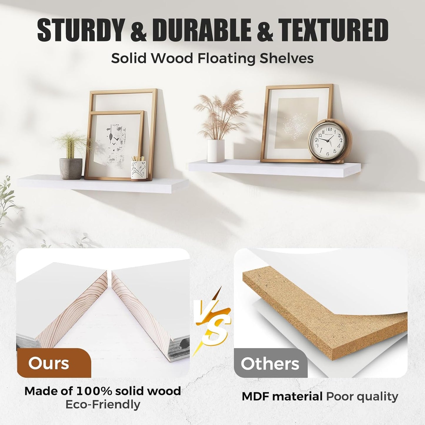 24"x6.8"x1.2" Solid Wood Floating Shelves 2-Pack - Rustic White Finish with Hidden Brackets