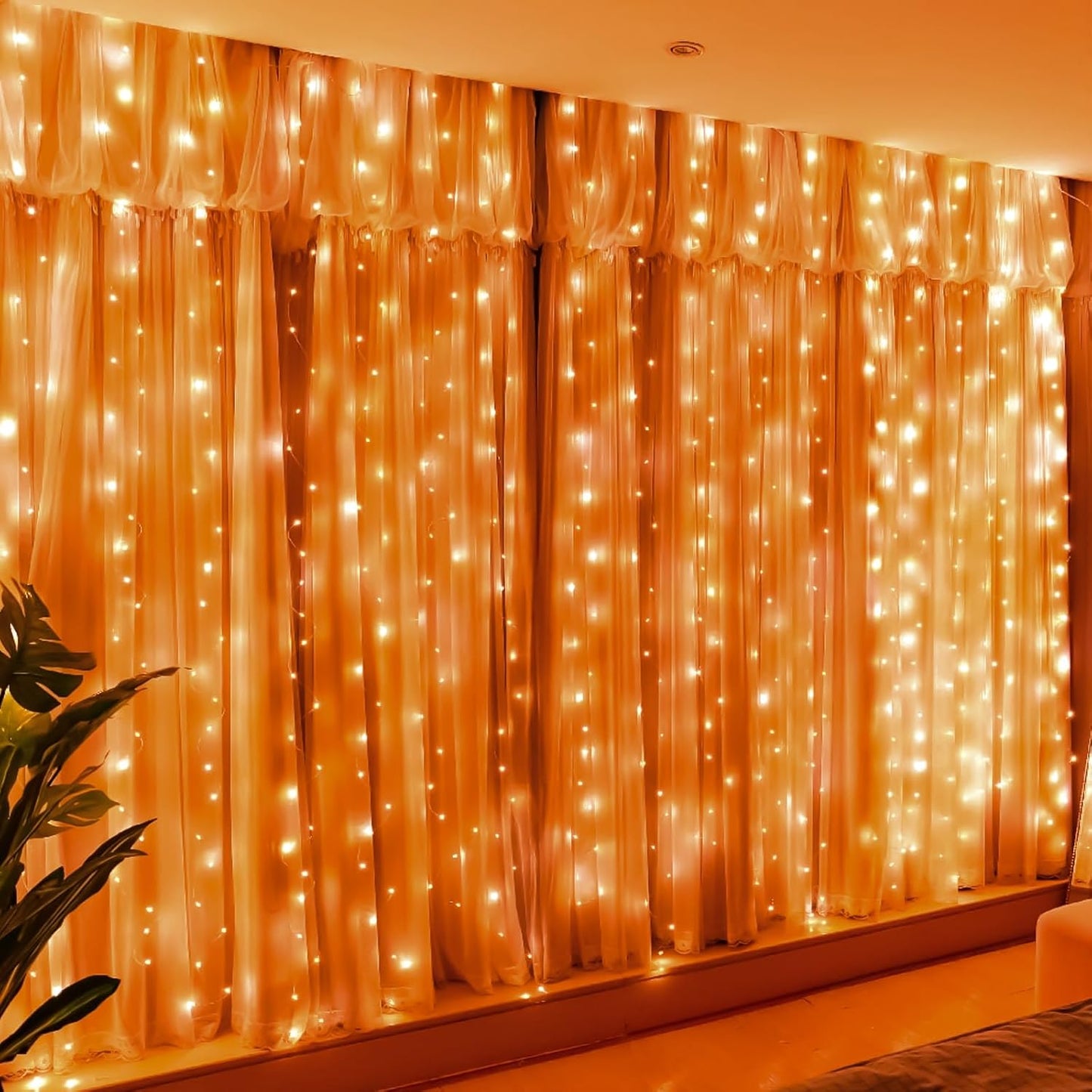 HXWEIYE 300LED Orange Fairy Curtain Lights with Remote 8 Modes Timer for Bedroom, 9.8x9.8Ft USB