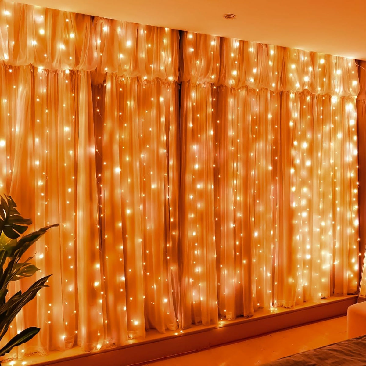 HXWEIYE 300LED Orange Fairy Curtain Lights with Remote 8 Modes Timer for Bedroom, 9.8x9.8Ft USB