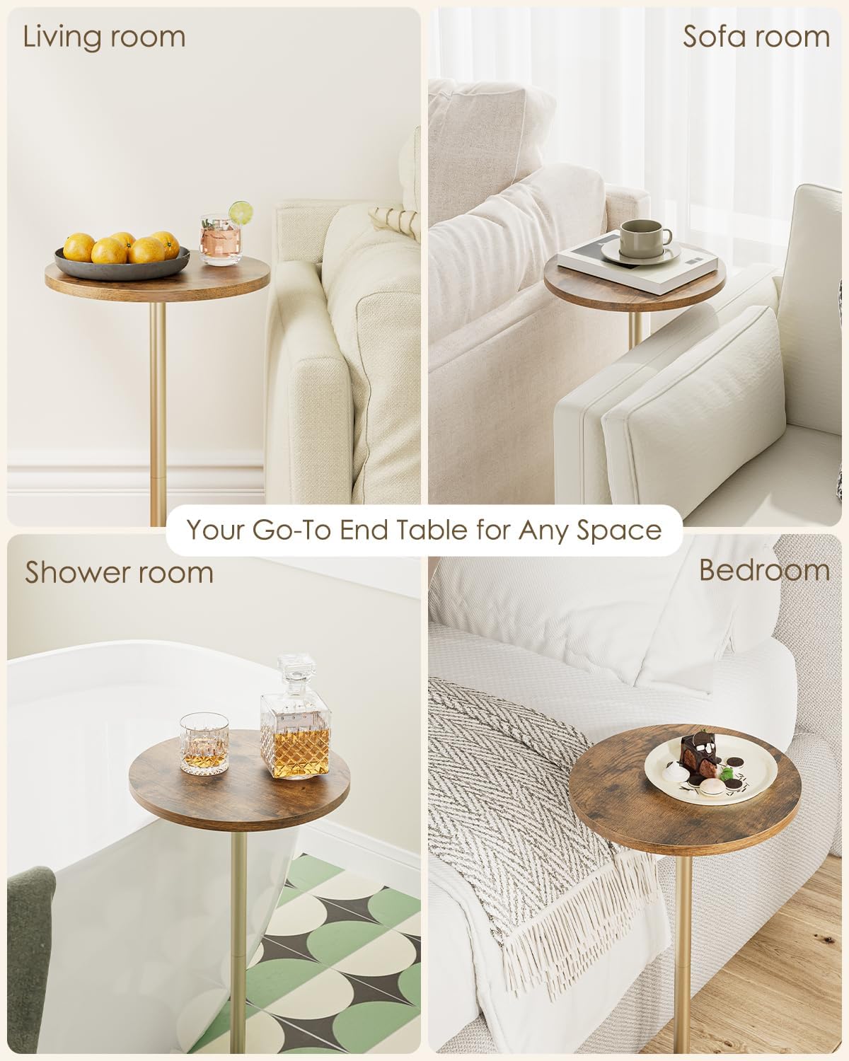 Masupu Drink Table, Round Side Table for Small Spaces, Pedestal Small End Table with Metal Base