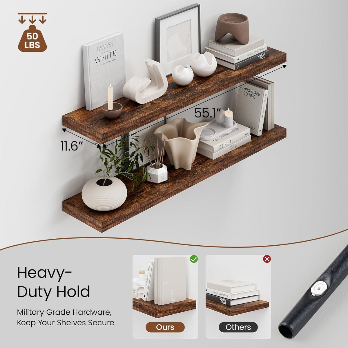 Heimlove 12 Inch Deep Floating Shelves, 55 x 12 inch Extra Long Floating Shelves for Wall, Large
