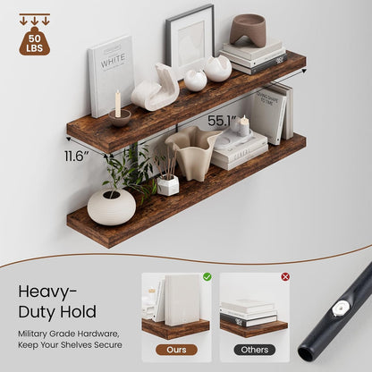 Heimlove 12 Inch Deep Floating Shelves, 55 x 12 inch Extra Long Floating Shelves for Wall, Large