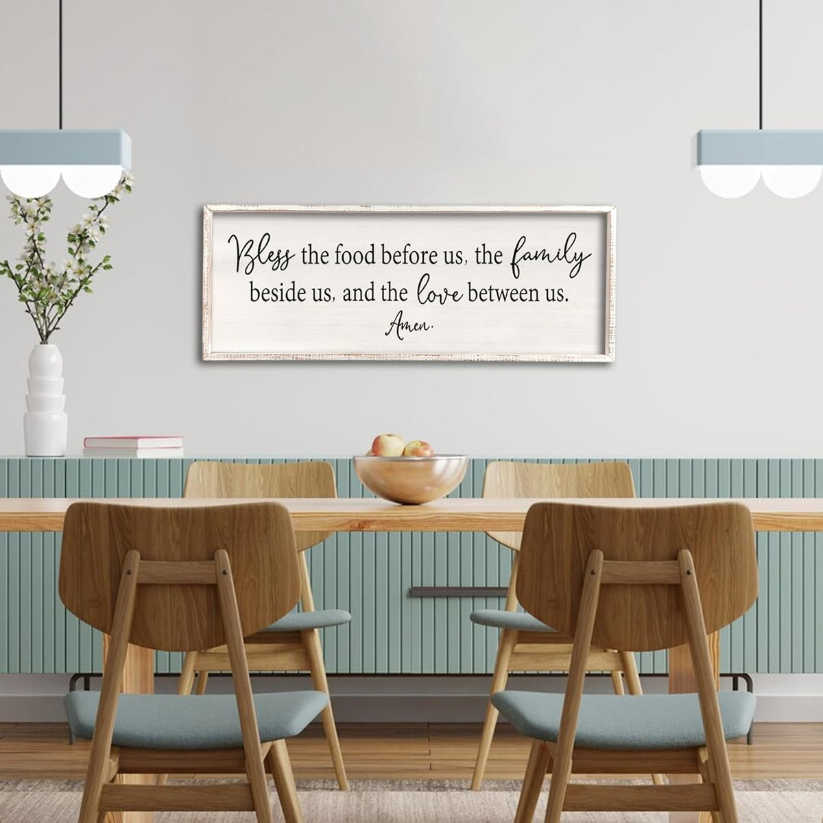 Bless the Food Before Us Sign Wall Decor 40"X15" Large Farmhouse Dining Room Wall Decor Framed Wood